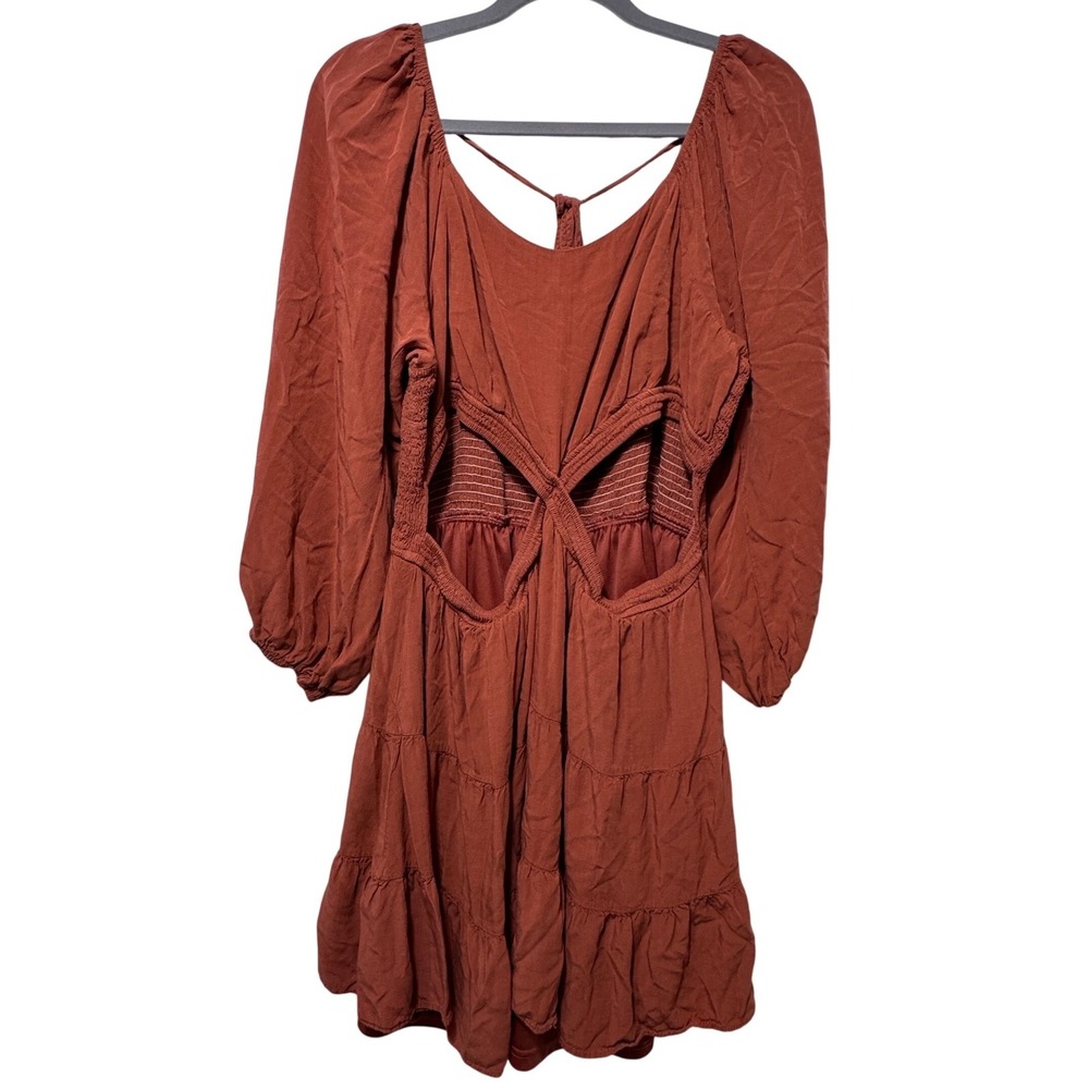Arula Rust Orange Smocked Mini Dress Long Balloon Sleeve Cutout Front Boho‎ C